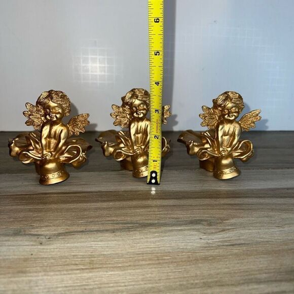 Vintage Ornate Cherub Candle Holder Angels Set 3 Gold Tone Hollywood Regency - Picture 2 of 7